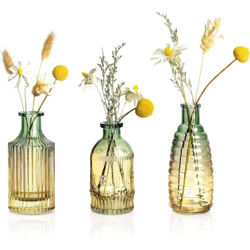 Lot de 3 mini vases verre vintage colorés, soliflores pour bureau, mariage ou centre table