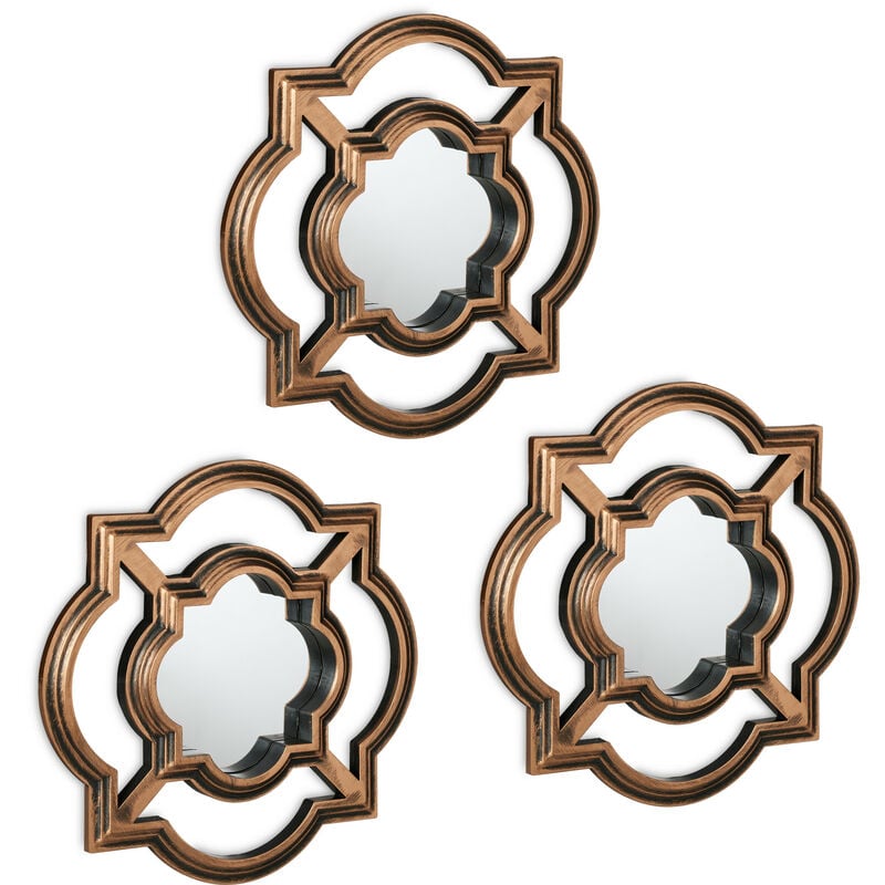 Lot de 3 miroirs, design vintage, HxL : 25,5 x 25,5 cm, salon, chambre, décoration, doré - noir - Relaxdays