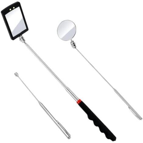 Lot de 3 miroirs d'inspection télescopiques, outil ramassage magnétique, portable, rond, rotatif à 360 degrés, LED avec tige et miroir rond/carré -