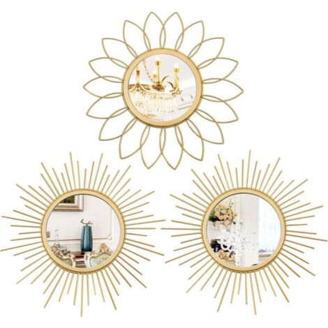 Lot de 3 miroirs dorés pour Mur en métal Effet Soleil - Décoration Murale à Suspendre pour Salon, Chambre à Coucher, entrée