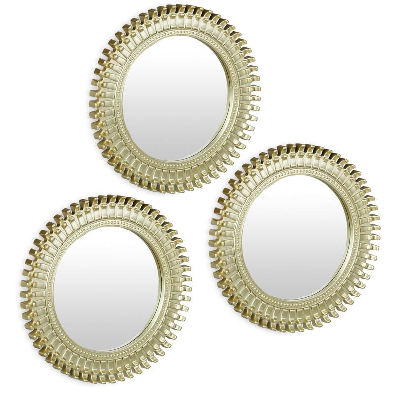 Relaxdays Lot de 3 miroirs, forme ronde avec ornements, salon, diamètre de 25 cm, décoration, cadre en plastique, doré