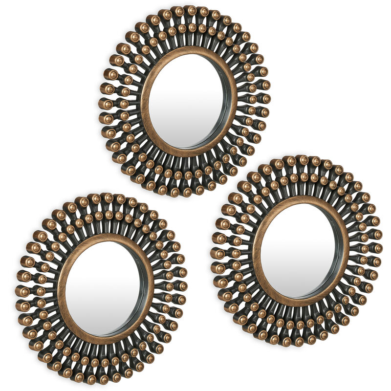 Relaxdays - Lot de 3 miroirs, forme ronde et motif soleil, diamètre de 25 cm, décoration, cadre en plastique, doré - noir