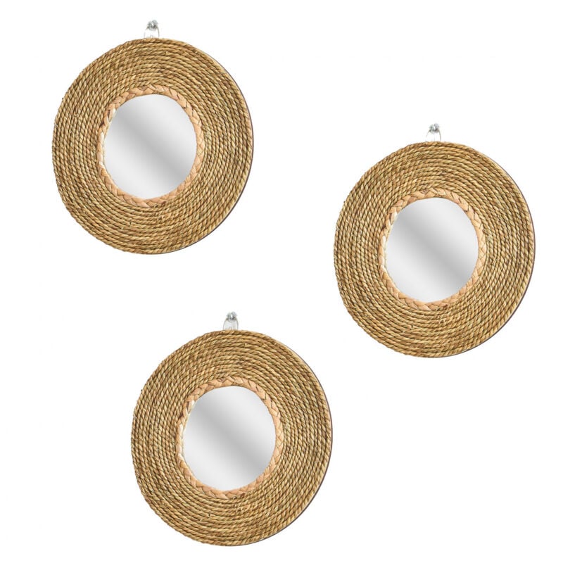 Lot de 3 miroirs muraux ronds en jonc de mer 25cm