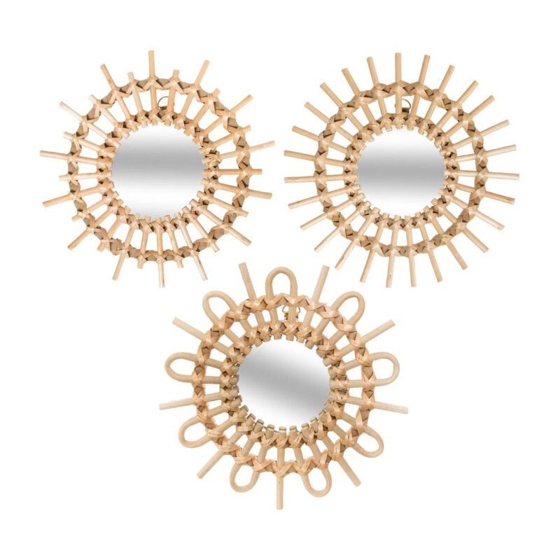 Atmosphera - Lot de 3 Miroirs Muraux Rotin 'Soleil' 28cm Beige