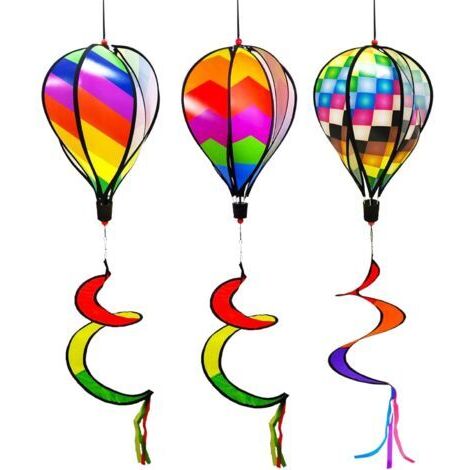 Lot de 3 montgolfières de 110 cm - Arc-en-ciel - Pour le jardin - Tourbillons - Moulin à vent - Rayé - Arc-en-ciel - Manches à vent rotatives - Paillettes - Décoration de cour