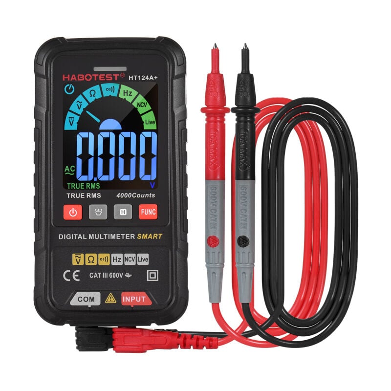 Tigrezy - Multimètre numérique intelligent habotest HT124A+, 4 000 points, True rms, tension 600 v ac/dc, résistance, continuité, fréquence, testeur