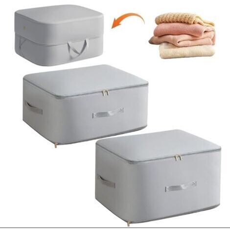Lot de 3 organiseurs auto-compressifs - Sac de rangement, Panier Rangement pour linge de lit, couettes, oreillers, couvertures, vêtements, gris