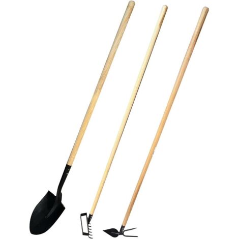 Lot de 3 Outils de jardinage, Manche en frêne, Pelle, Râteau, Serfouette, Pour extérieur