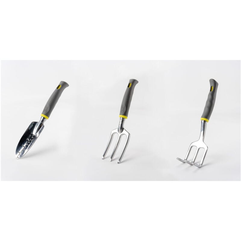 Lot de 3 outils de jardin - Suan - Fourche, râteau à fleurs et transplantoir - En aluminium