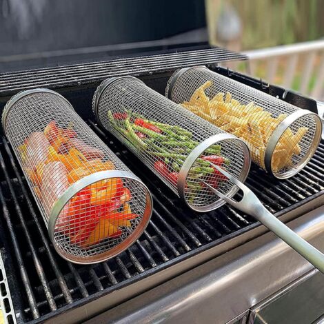 Lot de 3 Panier à Griller Roulant, Grillade Cylindrique Grille Barbecue Cuisson pour BBQ en Acier Inoxydable avec Fourchette Crochet, Grill extérieur légumes -