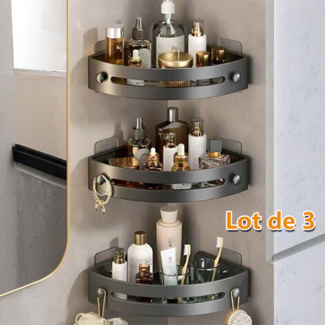 Lot de 3 Panier de douche d'angle - Étagère de Salle de Bain avec Crochets pour Serviettes et Trous de Drainage - Panier de Douche Triangulaire Sans Perçage