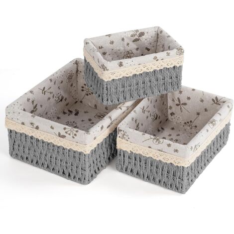 Lot de 3 Panier Osier, Petit Moyen Grand, Doublure Amovible, Rangement Salle de Bain Salon Cuisine