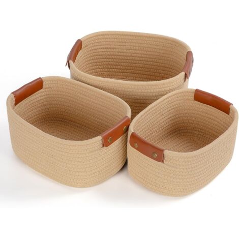 Lot de 3 Panier Rangement, Coton Tressé, Poignées en Cuir, Design Rectangulaire, Pour Salle de Bain, Cuisine, Chambre