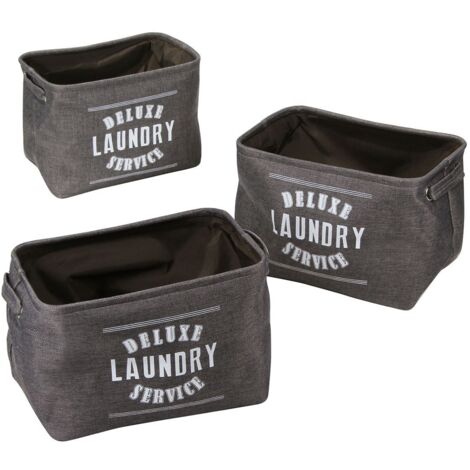 Lot de 3 paniers à linge en toile grise – Dimensions : 31x20x22H cm, 33x23x23H cm, 35x26x24H cm – Poignées en tissu avec œillets métalliques