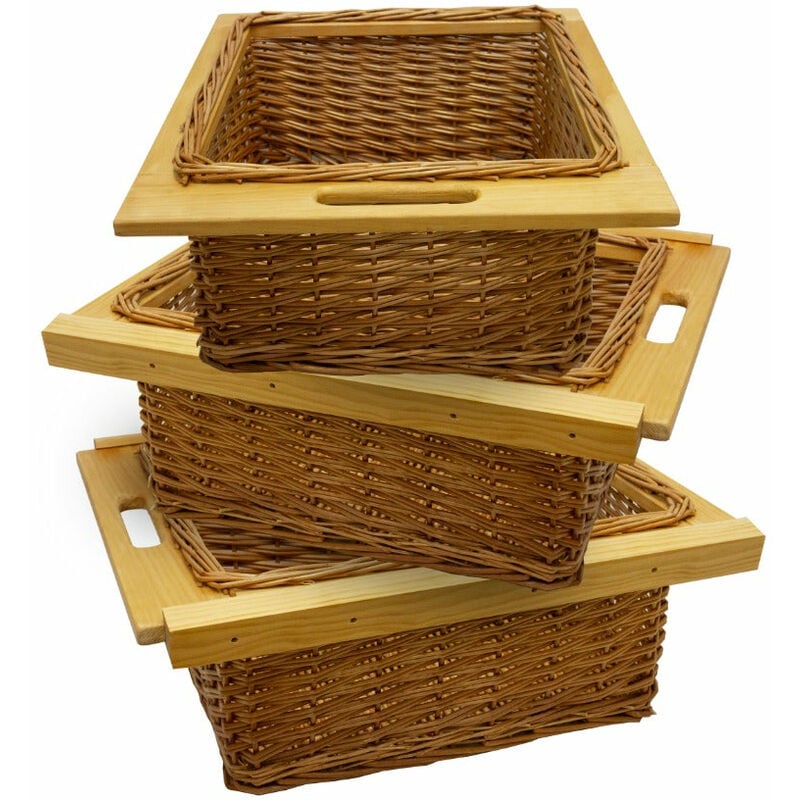 Lot de 3 Paniers de Rangement Coulissants en Pin pour Cuisine, Salle de Bain, Chambre, Penderie - 500 mm / 50 cm Brun Solide Jusqu'à 10Kg Design