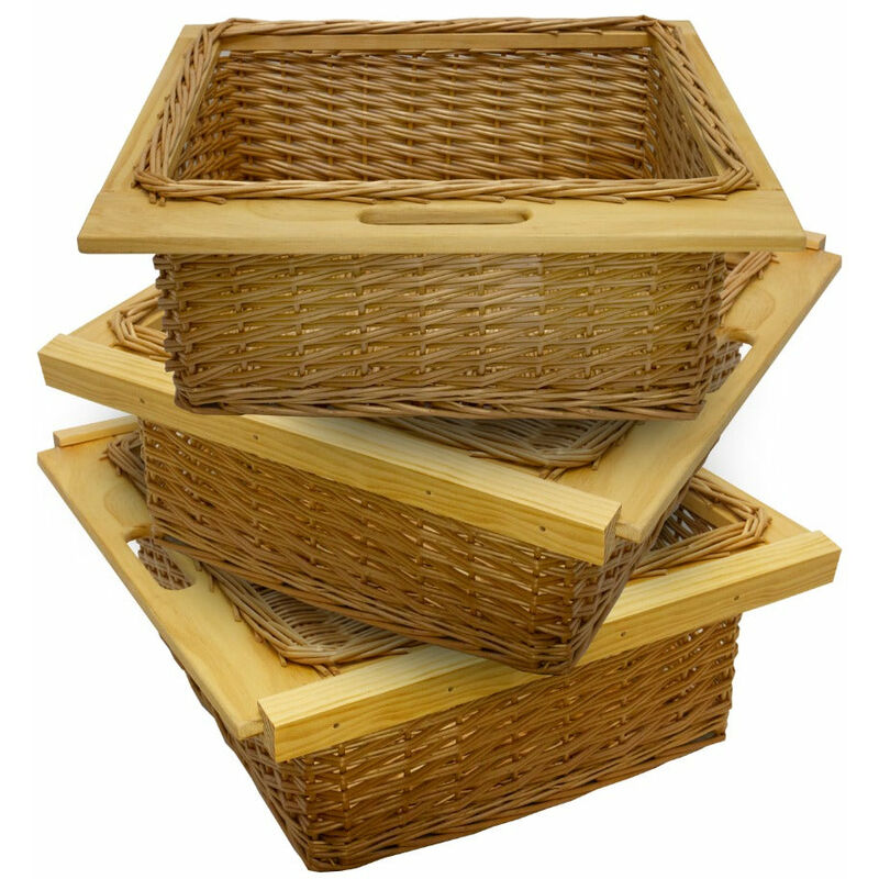 Kukoo - Lot de 3 Paniers de Rangement Coulissants en Pin pour Cuisine, Salle de Bain, Chambre, Penderie - 600 mm / 60 cm Brun Solide Jusqu'à 10Kg