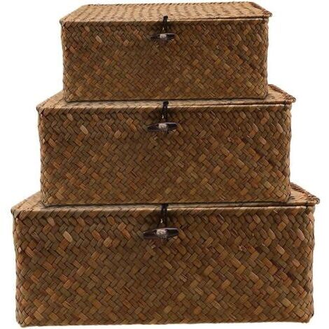 Lot de 3 paniers de rangement avec couvercle, panier de rangement en rotin, panier de rangement tressé en jonc de mer naturel, boîte de rangement multifonctionnelle (B)