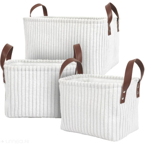 Lot de 3 paniers de rangement en velours côtelés VELVETY blanc