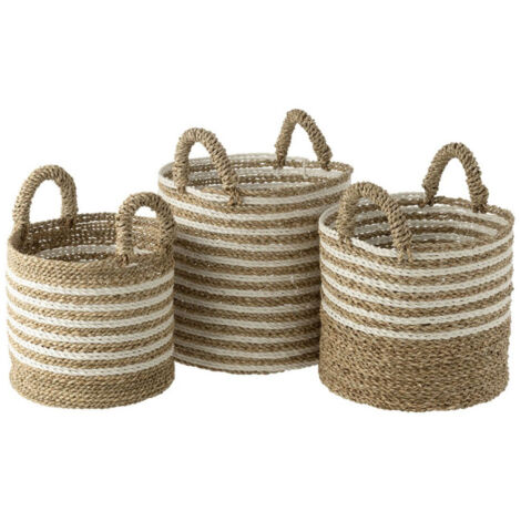 Lot de 3 Paniers de Rangement "Rayés" 45cm Naturel & Blanc