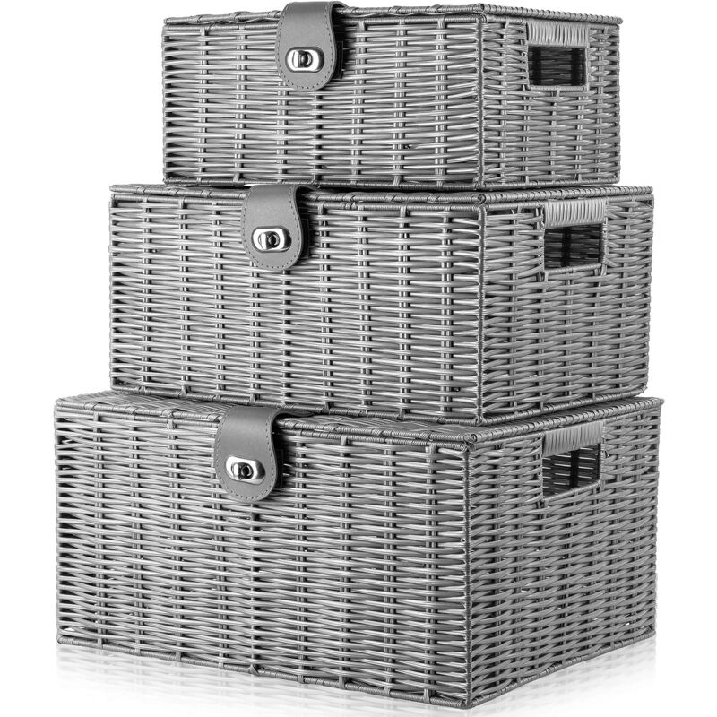 Lot de 3 Paniers de Rangementen Résine Tressée Boîte de Rangement avec Couvercle et Verrou