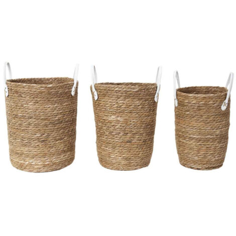 Lot de 3 Paniers Déco "Tressé" 45cm Naturel & Blanc