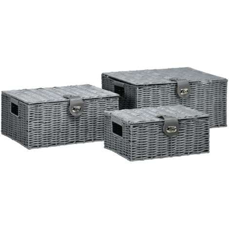 Lot de 3 paniers en osier PP avec couvercle, tailles variées, gris