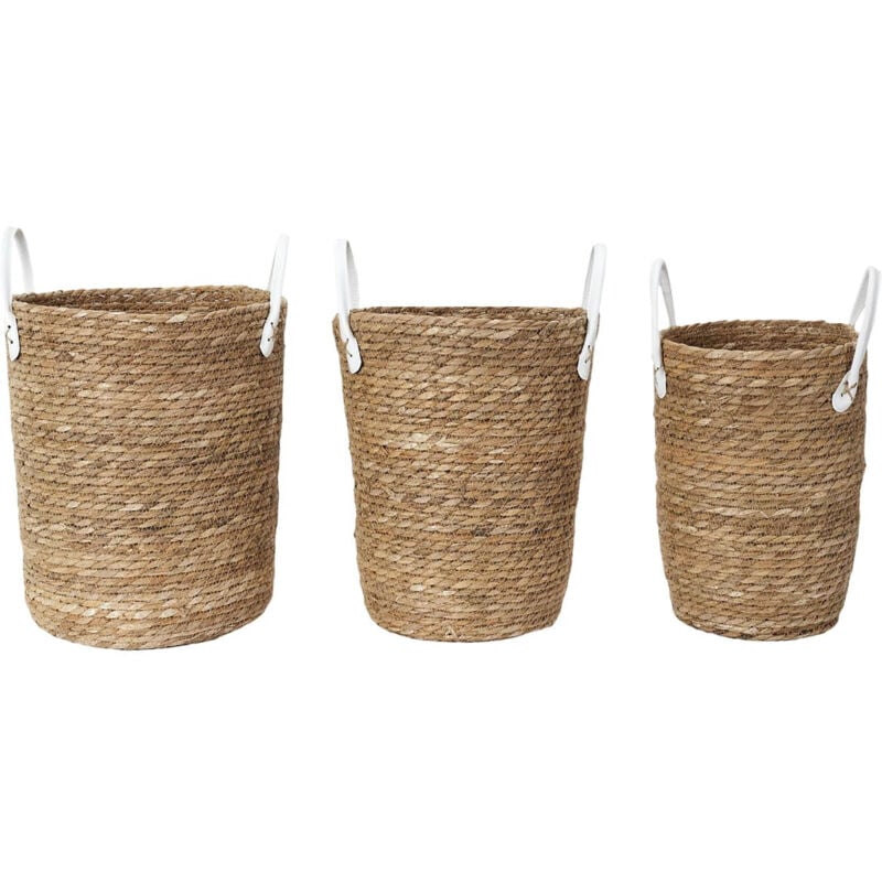 Lot de 3 Paniers Tressés Coloris Naturel avec Anses en Simili Cuir Blanc
