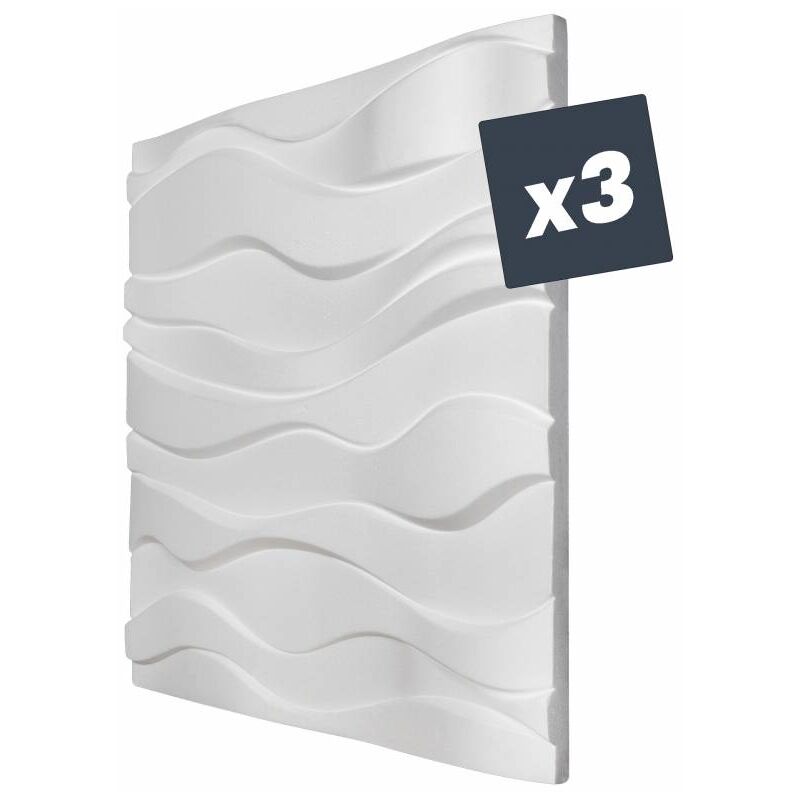 Decoon - Lot de 3 Panneaux muraux décoratif 3D Polystyrène effet Vagues - 60x60x3 cm - 1,08m2