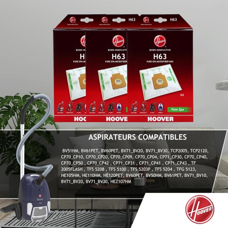 Hoover - Lot de 3 paquets de 4 sacs H63 microfibres pour aspirateurs 35602585