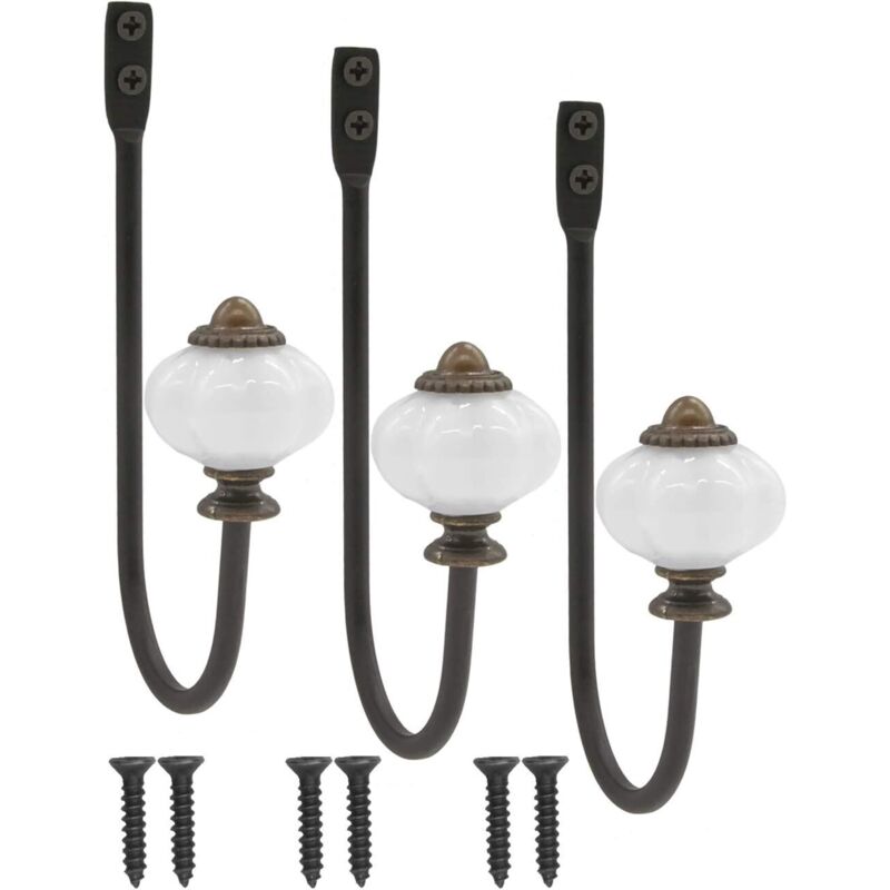 lot de 3 patère antique, patère, crochet à chapeau, crochet en fer avec tête en céramique et couronne en laiton - style campagnard vintage