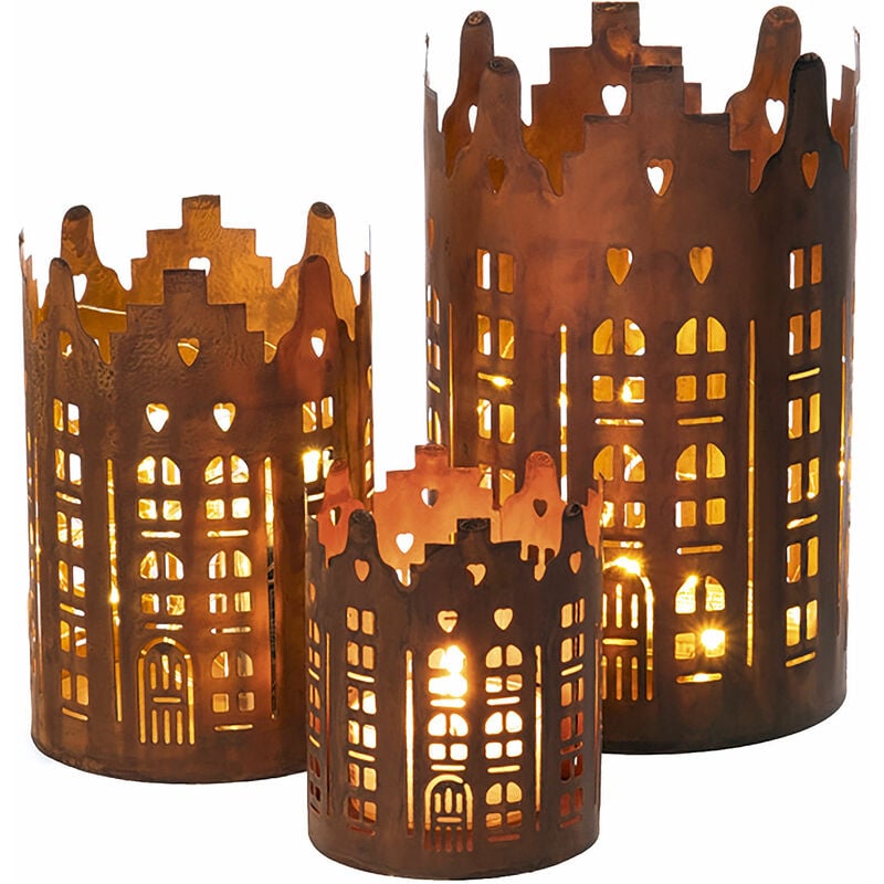 Spetebo - Lot de 3 photophores rouillés - motif : maisons - métal / env. 20, 15, 10 cm