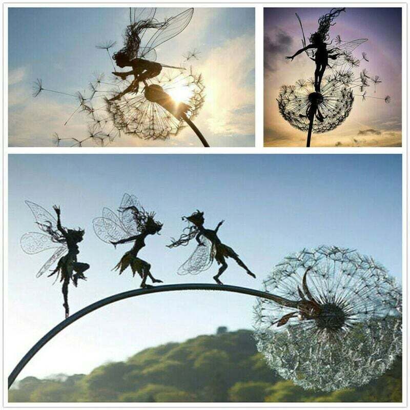 Lot de 3 piquets de jardin décoratifs en métal fées et pissenlits dansant ensemble jardin cour Art ornement debout - Gabrielle