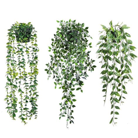 Lot de 3 Plante verte artificielle tombante à suspendre 65 cm – Décoration intérieure moderne – Nuances de vert