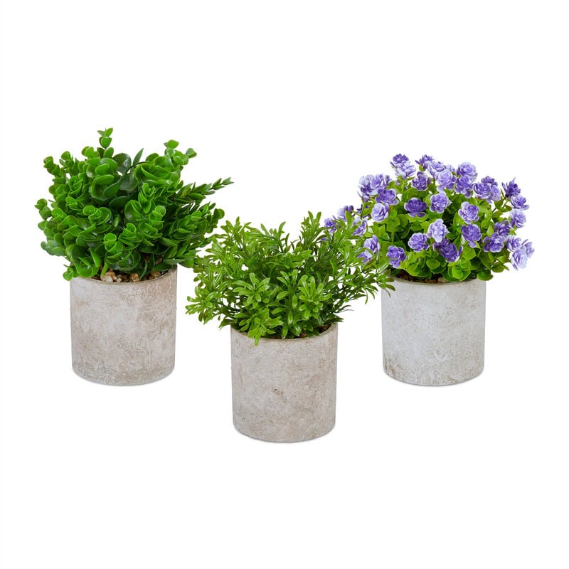 Relaxdays - Lot de 3 plantes artificielles, diverses fausses fleurs décoratives en pot, set réaliste, vert - violet - gris