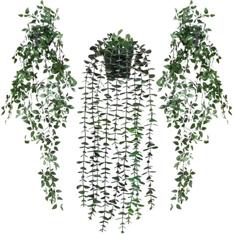Lot de 3 plantes artificielles suspendues en pot - Plantes artificielles longues en plastique - Sans entretien - Décoration pour cuisine, balcon, fenêtre, mandala, jugali