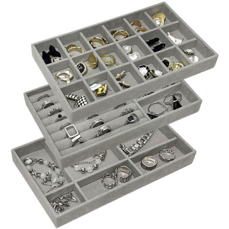 Lot de 3 plateaux empilables en velours gris pour bijoux, rangement et présentation. Boîte à bijoux, présentoir, organisateur de tiroir pour boucles d'oreilles, colliers, bracelets et bagues.