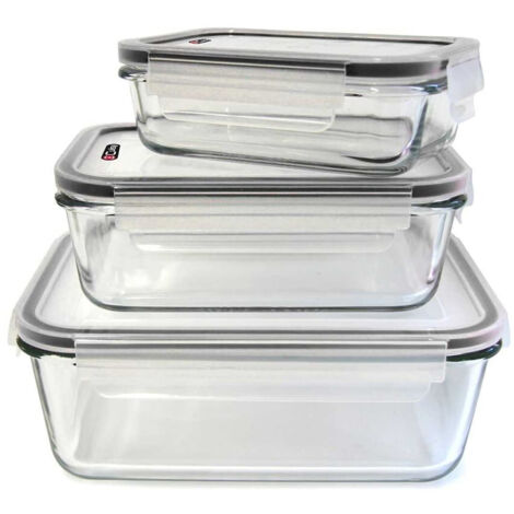 Lot de 3 Plats en Verre avec Couvercles en Plastique Hermétiques