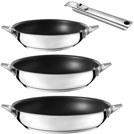 Lot de 3 poêles 20-24-28 cm – Revêtement céramique – Poignée amovible inox – Fond anti-adhérent compatible induction – Cuisinox