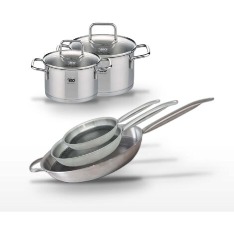 Lot de 3 Poêles 24/28/32 cm Elo Relief Solution et 2 Faitouts 12/14 cm