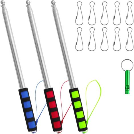 Lot de 3 pôles de drapeau télescopiques, tiges portables de 2 m, accessoires en acier inoxydable, avec 10 crochets et 3 sifflets, pour voyage, camping, excursions