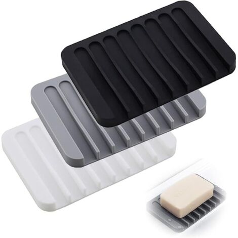 Lot de 3 porte-savons en silicone, distributeur de savon en gel de silice, pour la cuisine, la salle de douche, l'évier, garde le savon au sec (noir/blanc/gris clair)-AquaForge