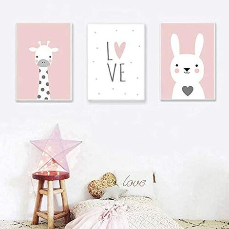 3 Affiches Animaux Chambre Bebe Fille Rose Tableau 30x40 Poster