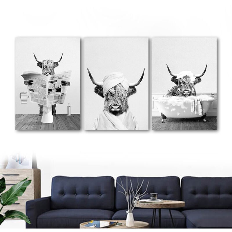 Lot de 3 posters de salle de bain - Motif vache des Highlands - Impression murale en noir et blanc-30x42 cm