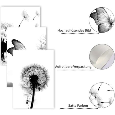 Lot de 3 posters - Impression sur toile - Noir et blanc - Pissenlit - Décoration murale moderne - Sans cadre (B, 3 x 40 x 60 cm)