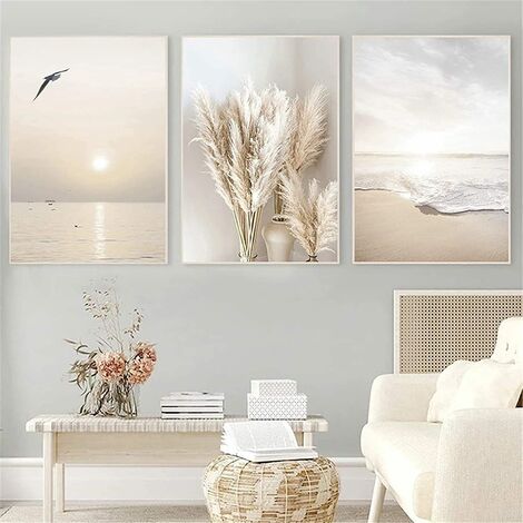 Lot de 3 posters stylés pour salon et chambre - Coucher de soleil plage, sans cadre (40x60cm).