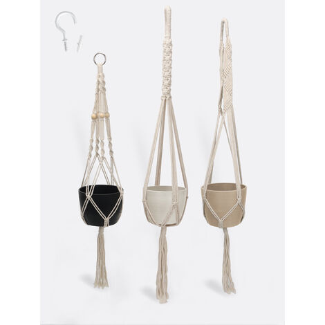 Lot de 3 Pot Suspendu pour Plante Interieur Pot de Fleur en Plastique Eco-friendly pour Suspendre Pot de Fleur Suspension Décoration Balcon Maison- (14cm1 & 16.3cm2) Noir, Blanc, Beige