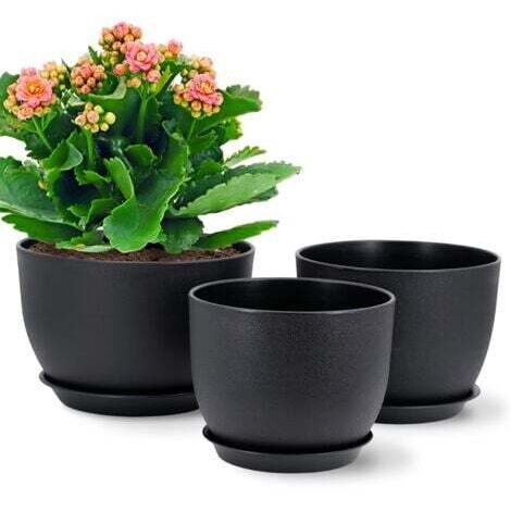 Lot de 3 Pots 18/16/14 cm de Fleurs en Plastique Plantes, Jardinières Modernes avec Trous de Drainage et Soucoupe Détachable, Noir
