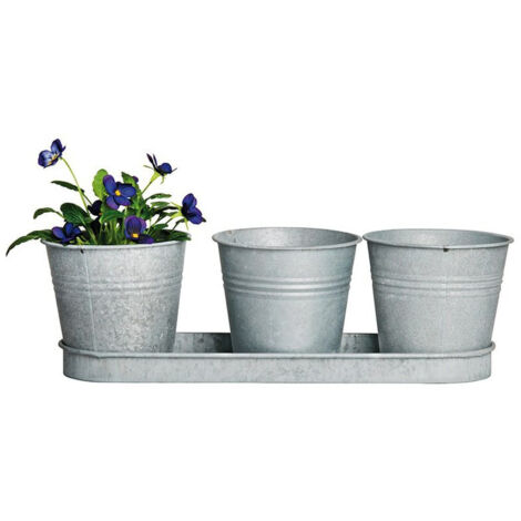 Lot de 3 pots à fleurs avec soucoupe en zinc patiné - 11,1 x 32,8 x 10,5 cm - Gris - Livraison gratuite