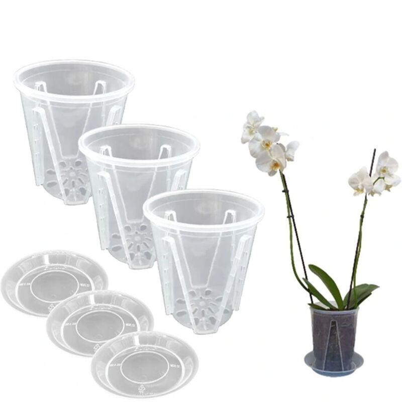 Lot de 3 pots à orchidées en plastique rigide transparent Diamètre 16 cm