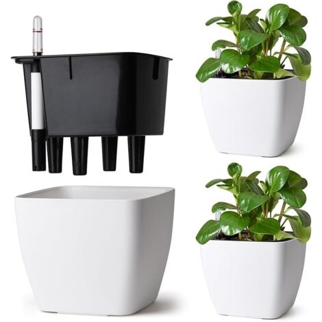 Lot de 3 Pots Auto-Arrosants 17,5 cm Carrés avec Indicateur, Pot de Fleur Interieur pour Débutants et Personnes Occupées, Pot de Fleur pour Lierre et Pothos, Usage Intérieur et Extérieur (Blanc)